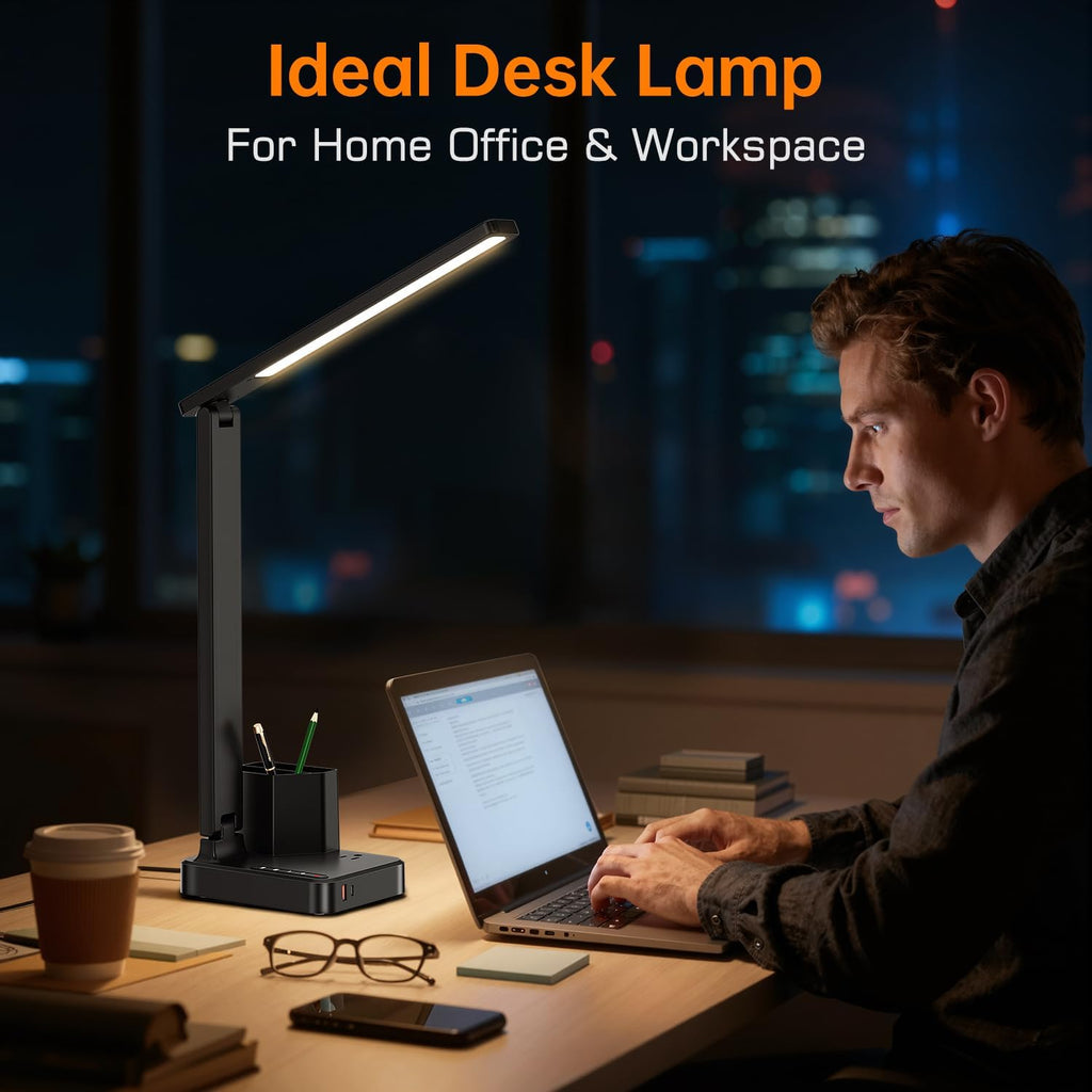 LED Desk Lamp with USB & Pen Holder, Black