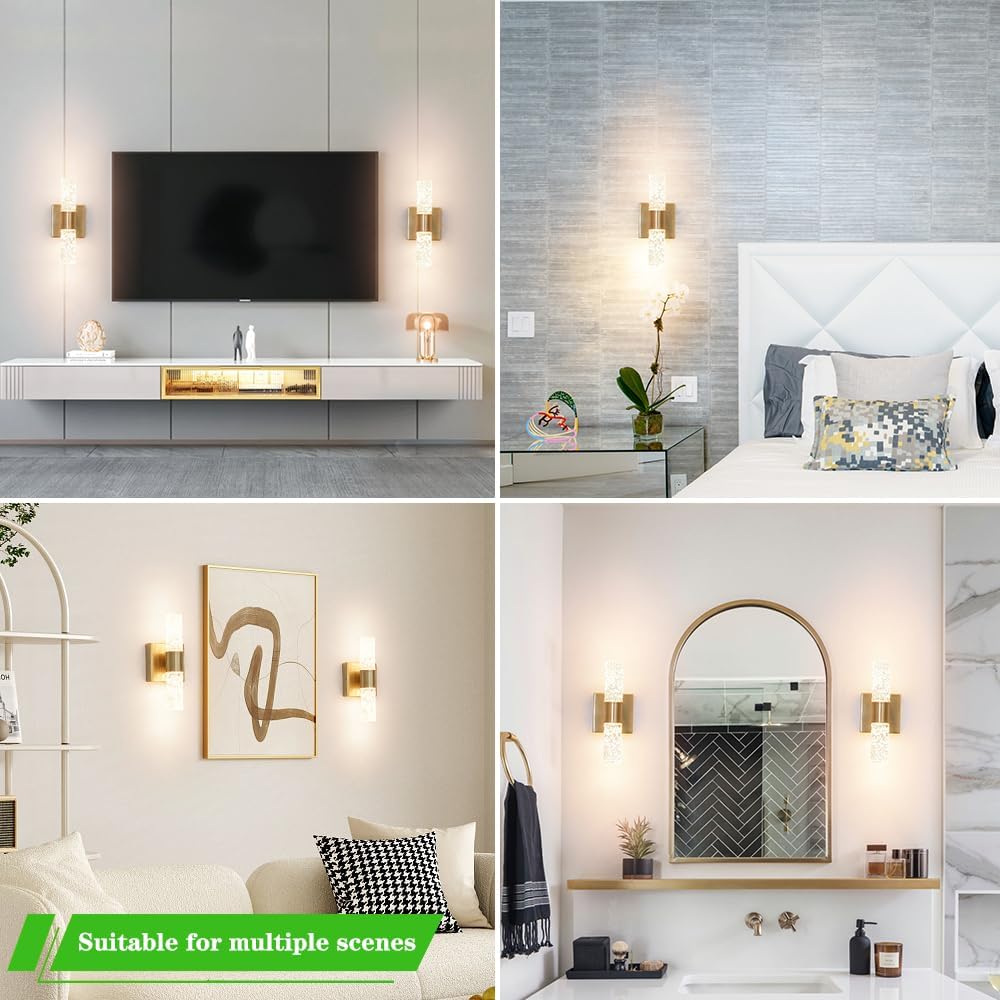 Brushed Gold Crystal LED Wall Sconces Set of 2