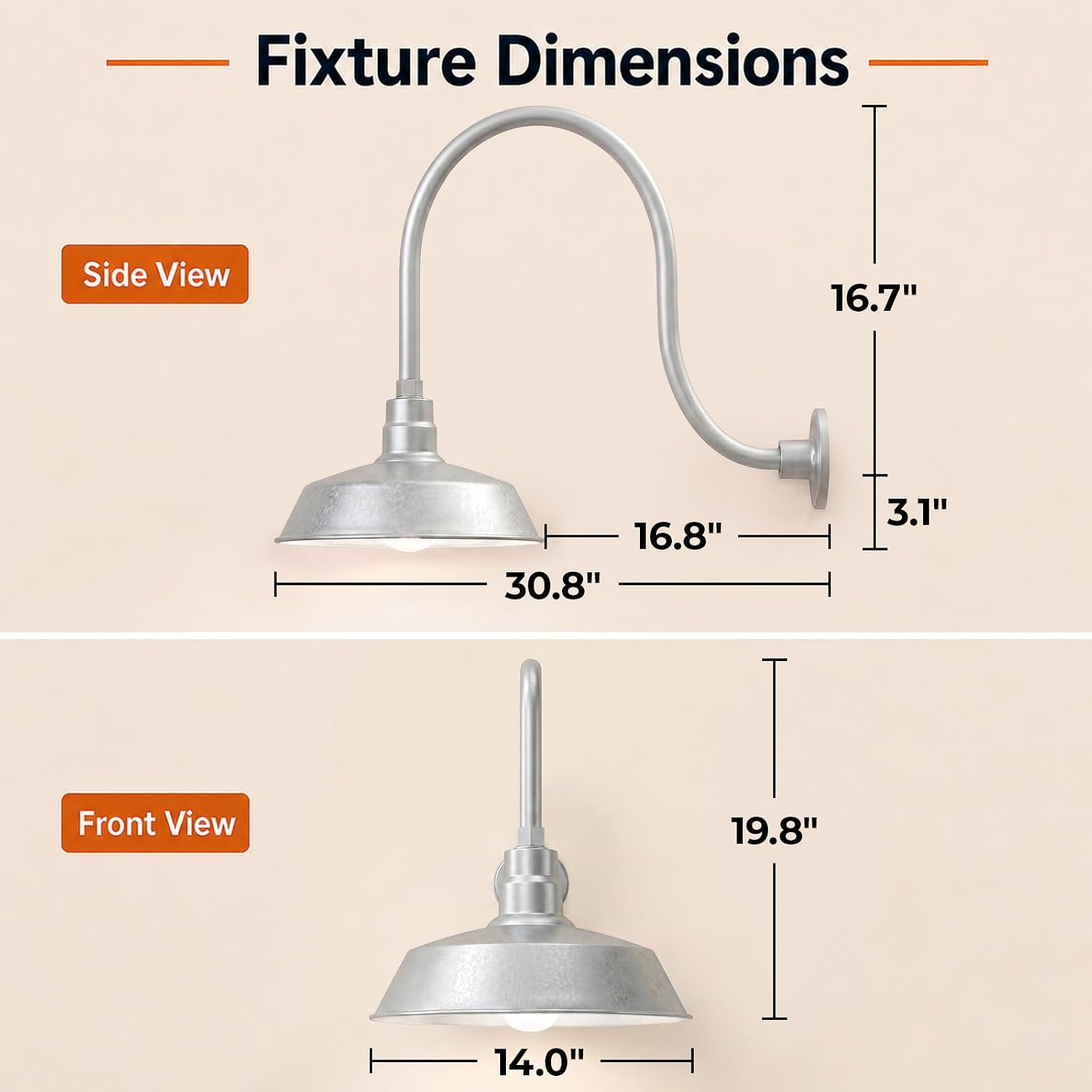 14" Galvanized Gooseneck Barn Light, 5000K