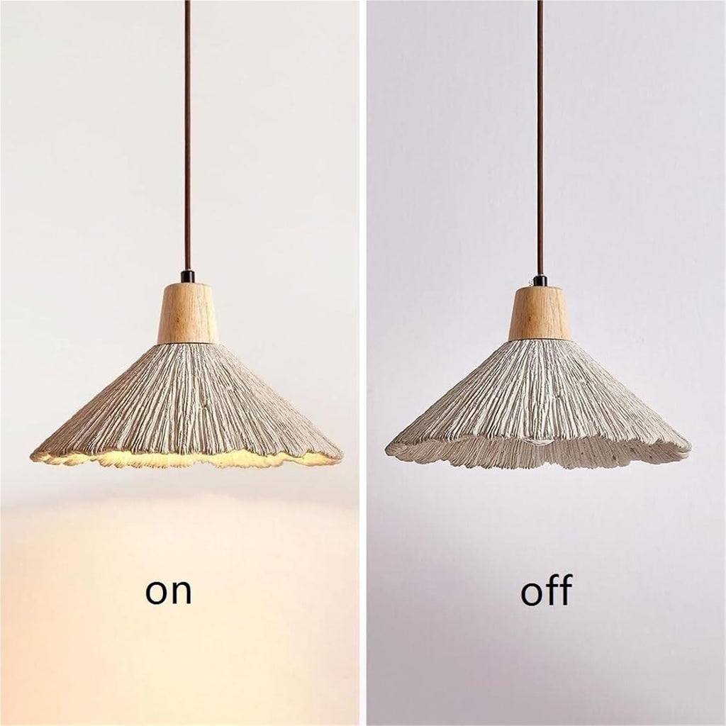 10" Grey Ribbed Cement Wood Pendant Light