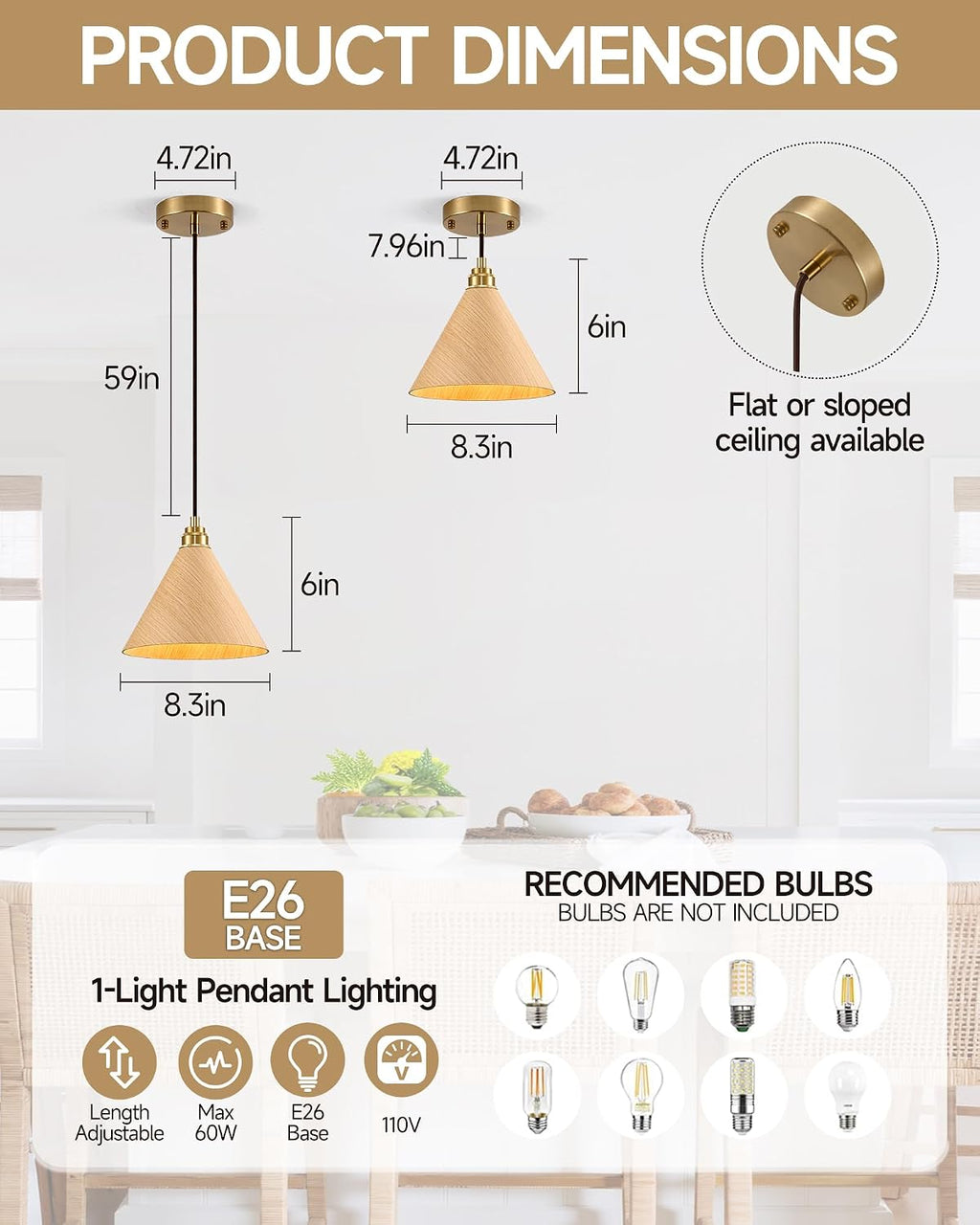 8.3" Natural Wood Gold Pendant Light, 1-Pack