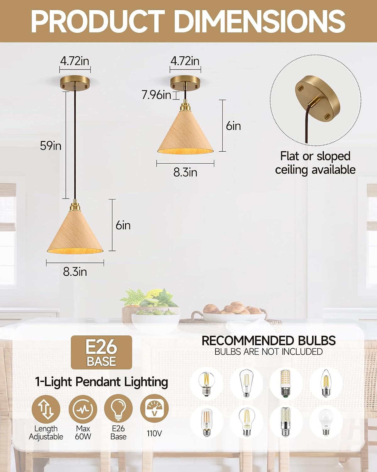 8.3" Natural Wood Gold Pendant Light, 1-Pack