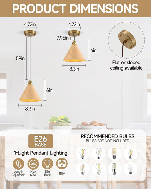 8.3" Natural Wood Gold Pendant Light, 1-Pack