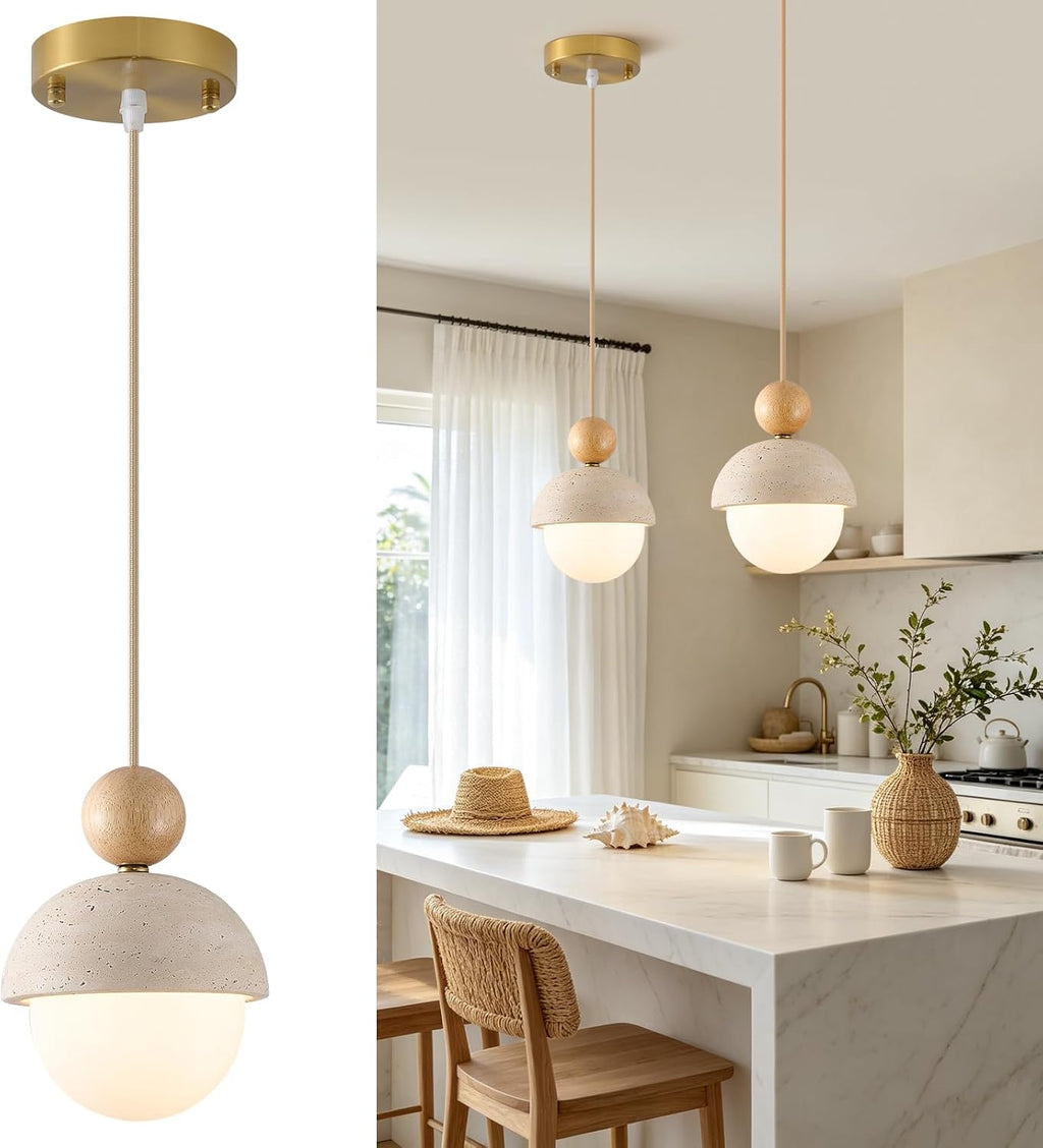 Travertine Wood Brass Pendant Light