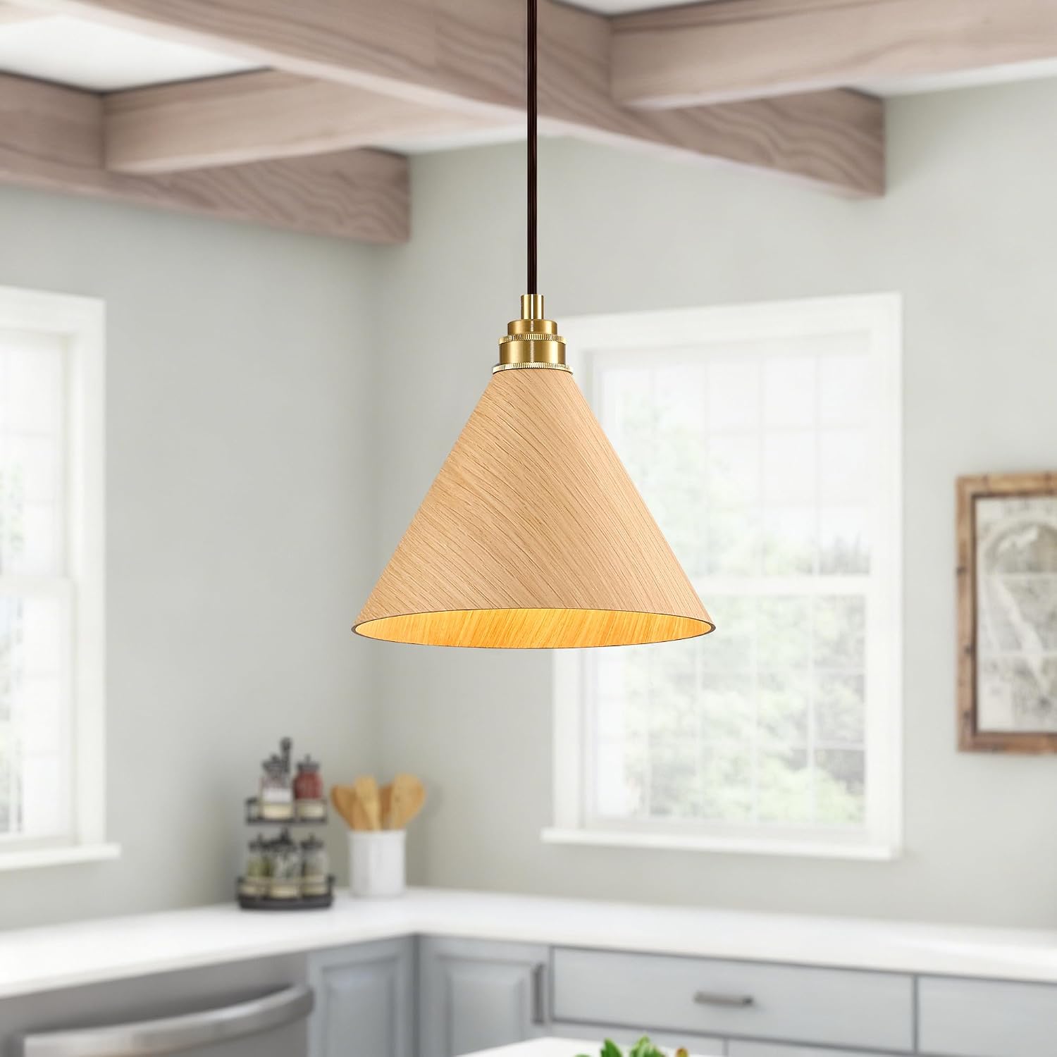 8.3" Natural Wood Gold Pendant Light, 1-Pack