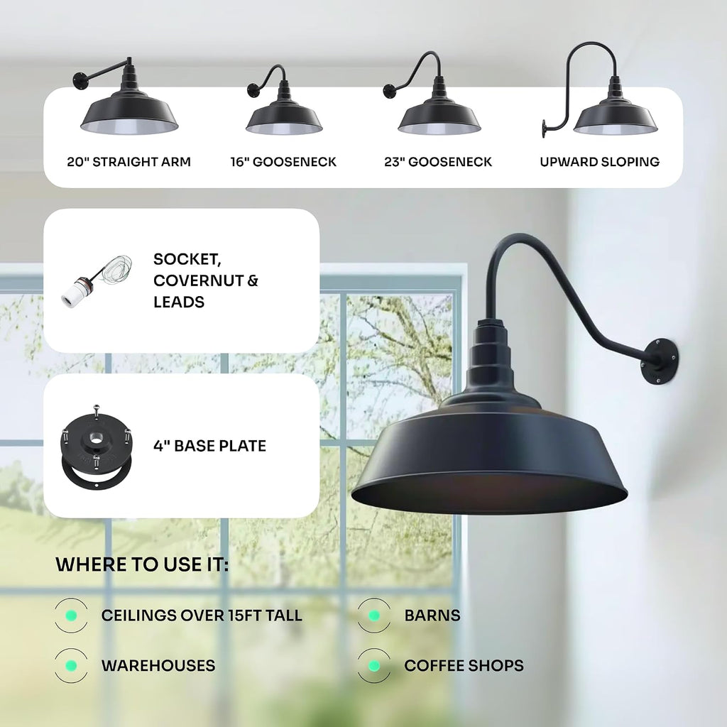 23" Matte Black Gooseneck Barn Light with 20" Dome