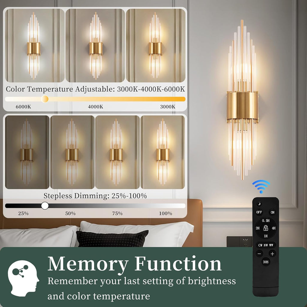 Gold Crystal Battery Wall Sconces Set of 2