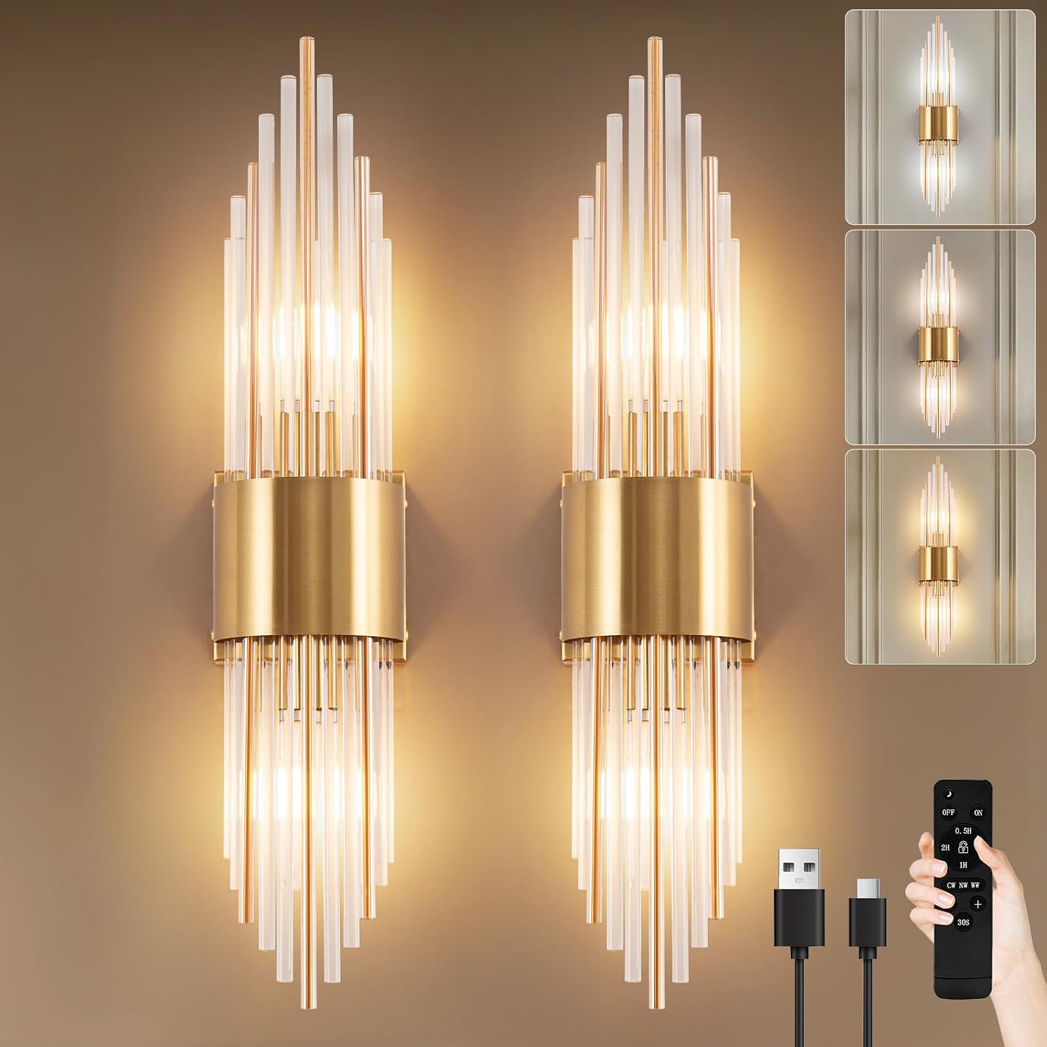 Gold Crystal Battery Wall Sconces Set of 2