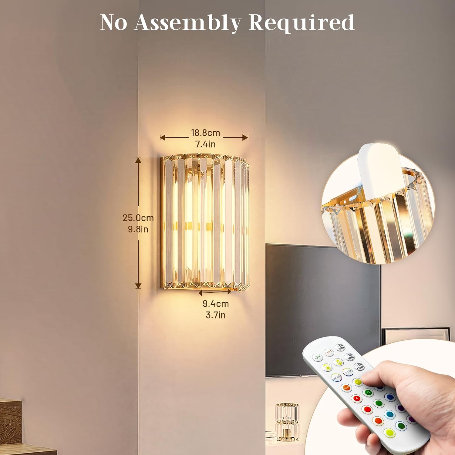 Gold Rechargeable Crystal Wall Sconces Set of 2
