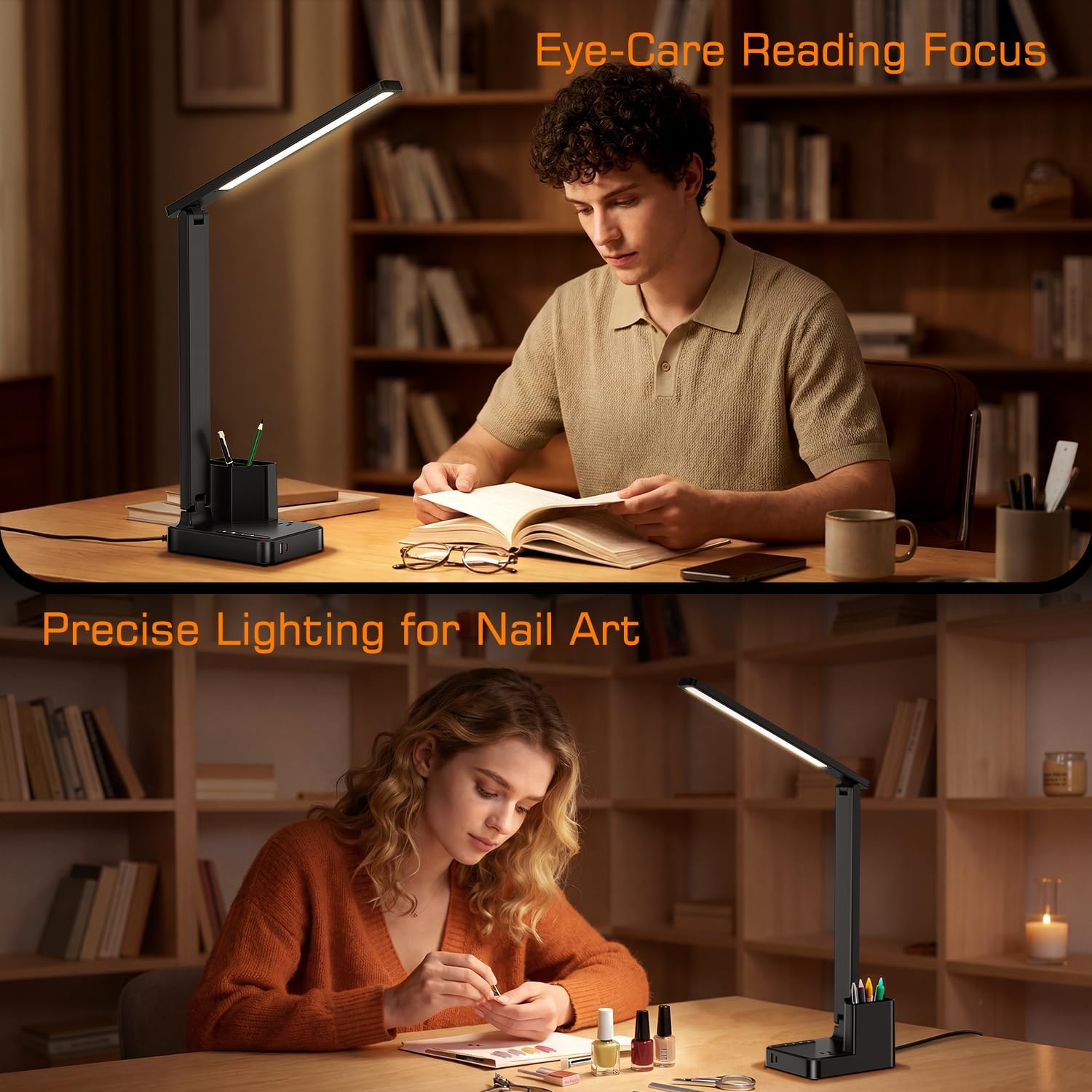 LED Desk Lamp with USB & Pen Holder, Black
