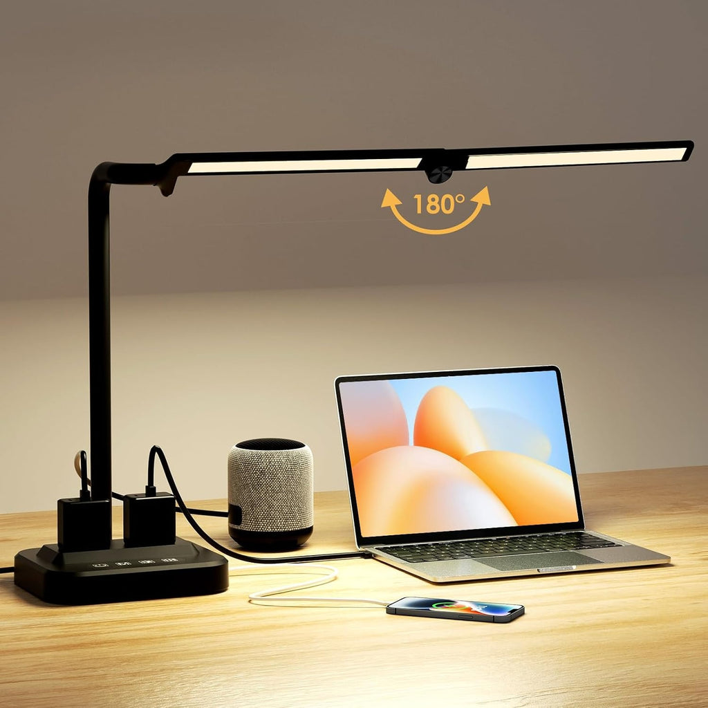 Dual Head Desk Lamp with Outlets & USB Charging