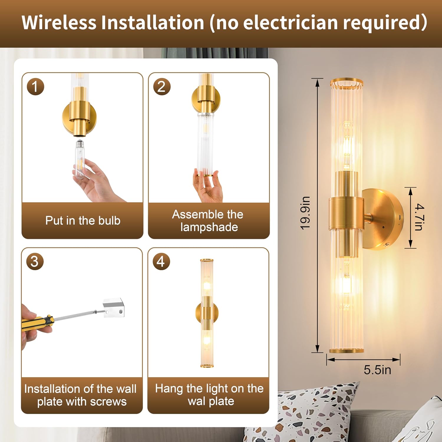 Gold Rechargeable Wall Sconces Set of 2