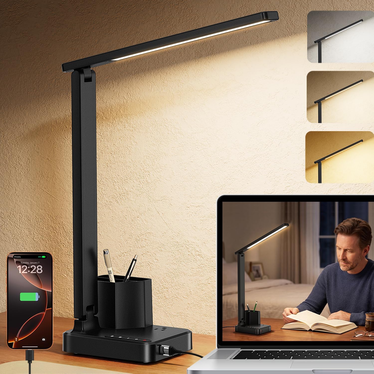 LED Desk Lamp with USB & Pen Holder, Black