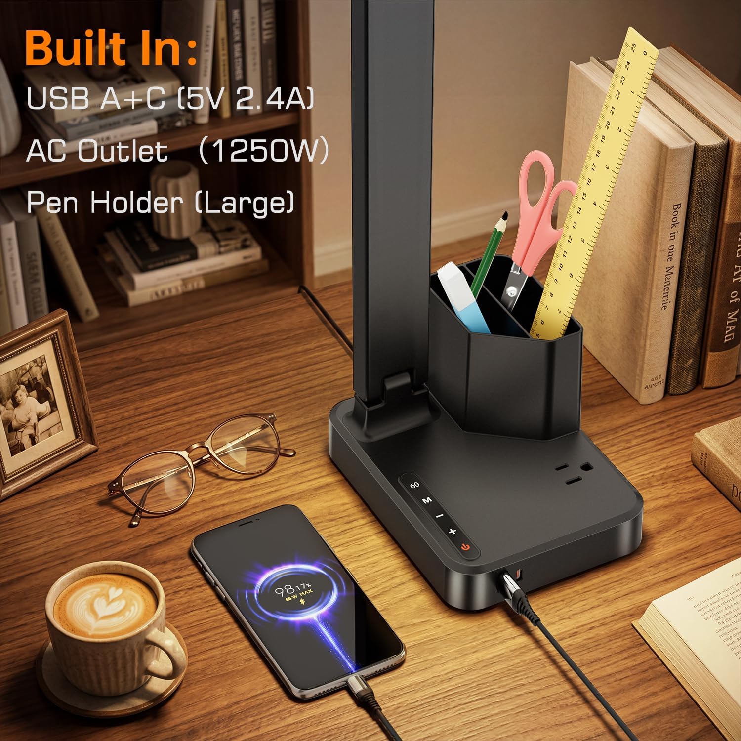 LED Desk Lamp with USB & Pen Holder, Black