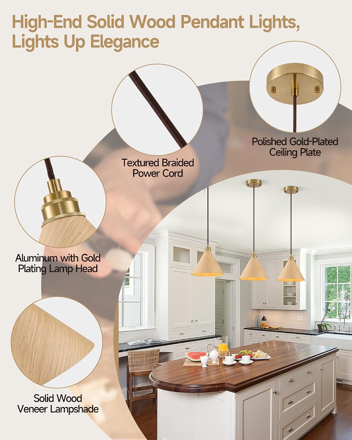 8.3" Natural Wood Gold Pendant Light, 1-Pack