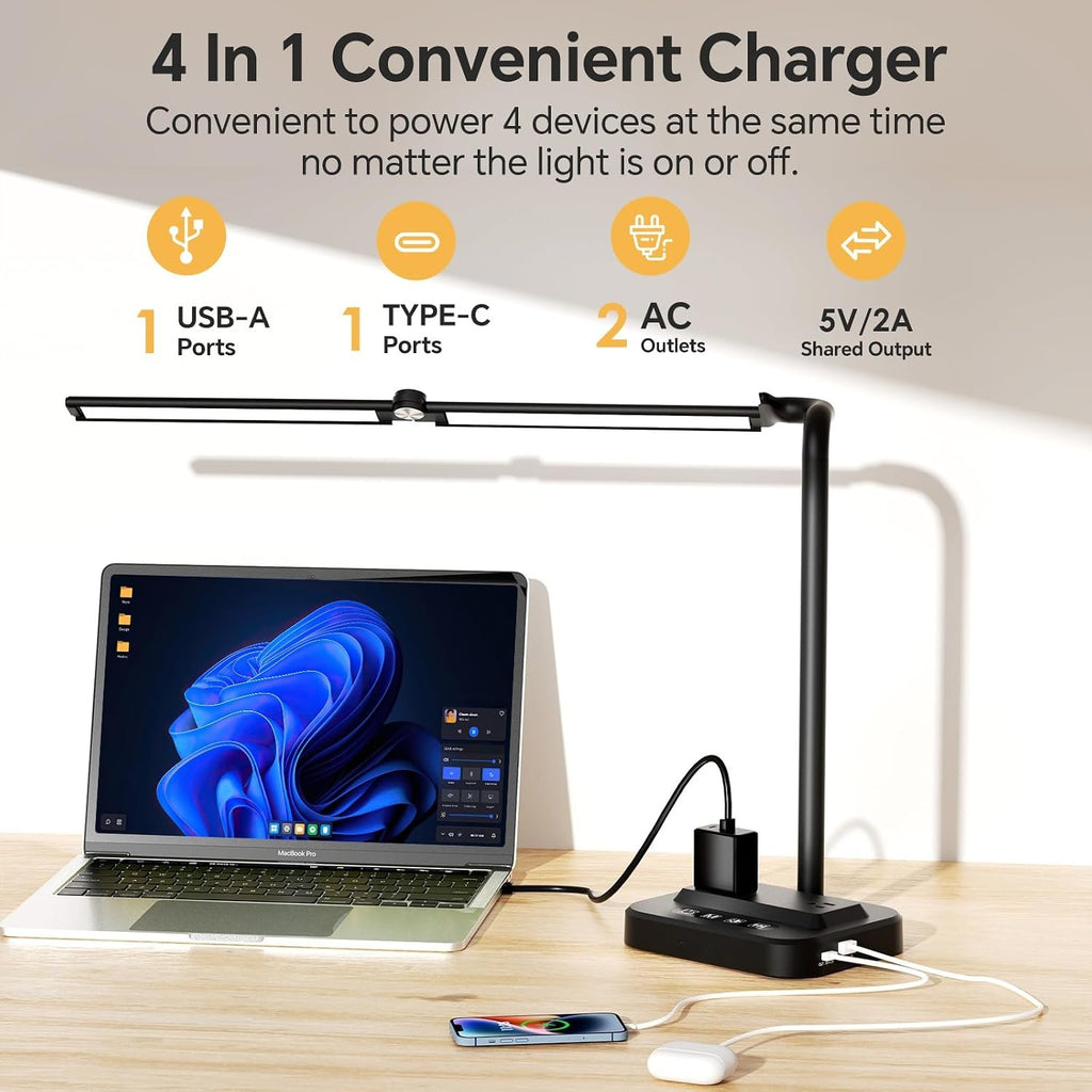 Dual Head Desk Lamp with Outlets & USB Charging
