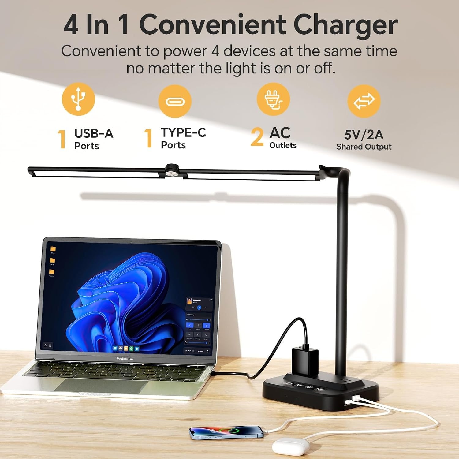 Dual Head Desk Lamp with Outlets & USB Charging