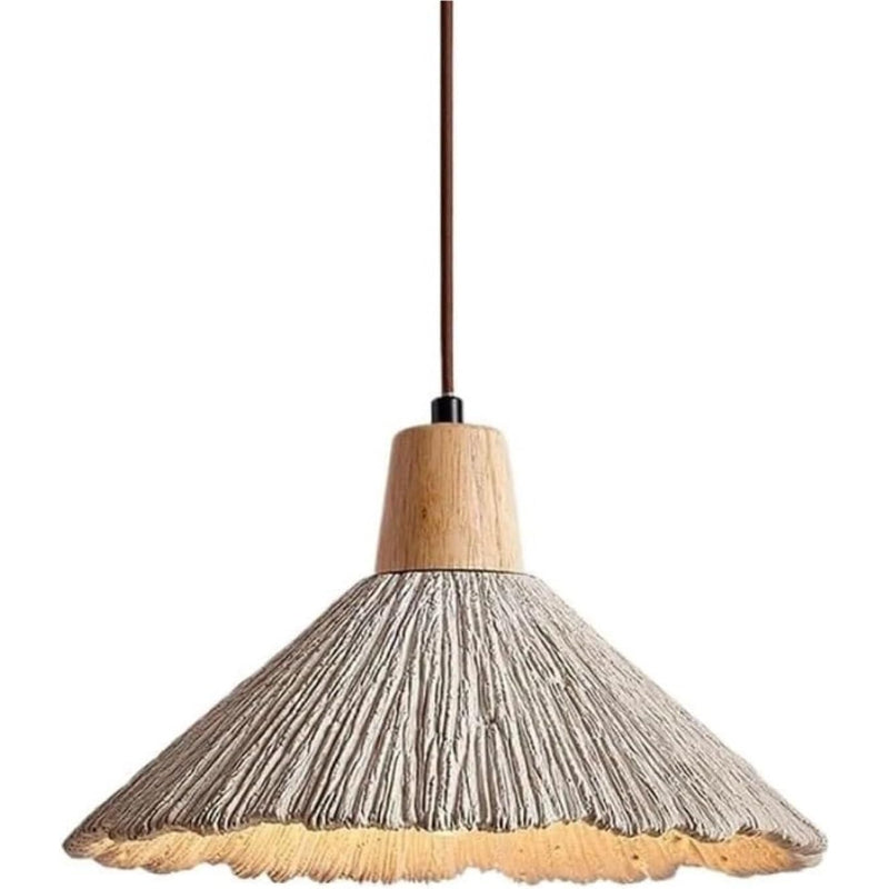 10" Grey Ribbed Cement Wood Pendant Light